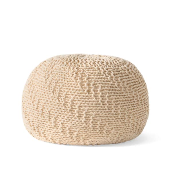 Noble House Hershel Beige Knitted Cotton Pouf