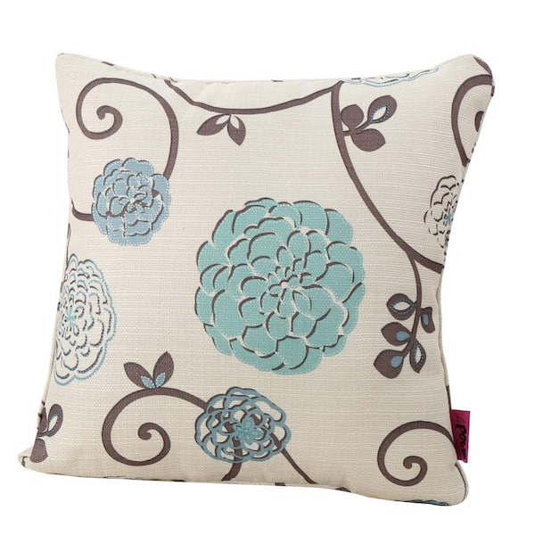 Noble House Ippolito White and Blue Floral Polyester 18 inch x 18 inch Throw Pillow