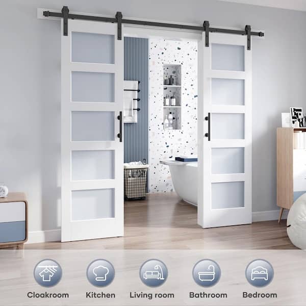 36 in. x 84 in. Double 18 in. Frosted Glass White Finished Solid Core MDF Wood Sliding Barn Door with Hardware Kit