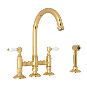 Italian Kitchen Double Handle Bridge Kitchen Faucet with Side Spray in Antique Brass