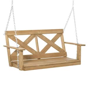 2-Person Fir Wood Porch Swing with Included Steel Chains and Rustic X-Shaped Style