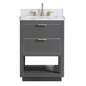 Allie 25 in. W x 22 in. D Bath Vanity in Gray with Gold Trim with Marble Vanity Top in Carrara White with Basin