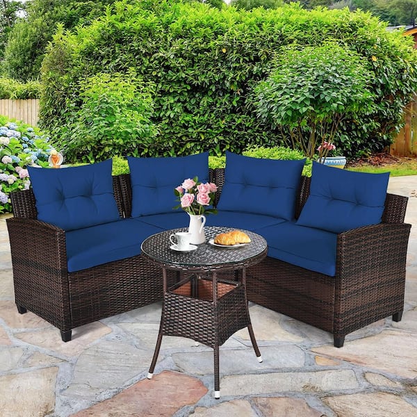 Brown 4-Pieces Wicker Patio Conversation Set Outdoor Rattan Sectional Sofa with Navy Cushions