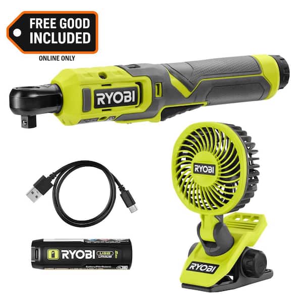 USB Lithium 3/8 in. Ratchet Kit, 2.0 Ah Battery, USB Charging Cable with USB Lithium Cordless Clamp Fan