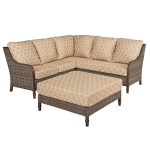 Windsor 4-Piece Brown Wicker Outdoor Patio Sectional Sofa with Ottoman and CushionGuard Toffee Trellis Tan Cushions