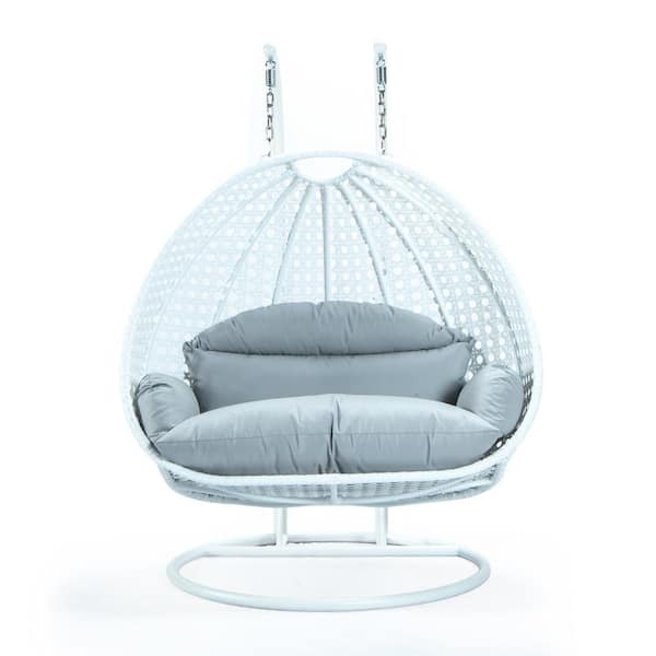 2-Person Egg Swing Chair White Wicker Outdoor Patio Hanging Chair with Taupe Cushions