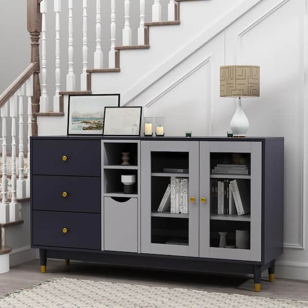 FUFU&GAGA 55.1 in. W Wood 2-Door and 3-Drawers Storage Accent Cabinet With Big Countertop and Shelf Storage Cupboard, TV Stand