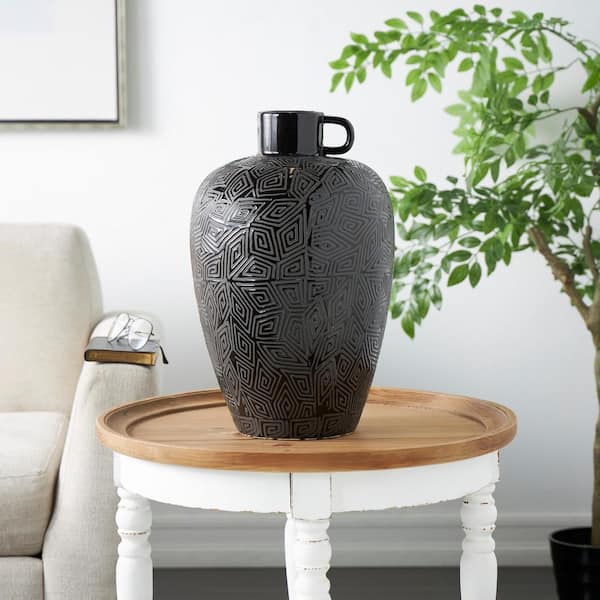 Litton Lane 19 in. Black Ceramic Decorative Vase with Geometric Etchings