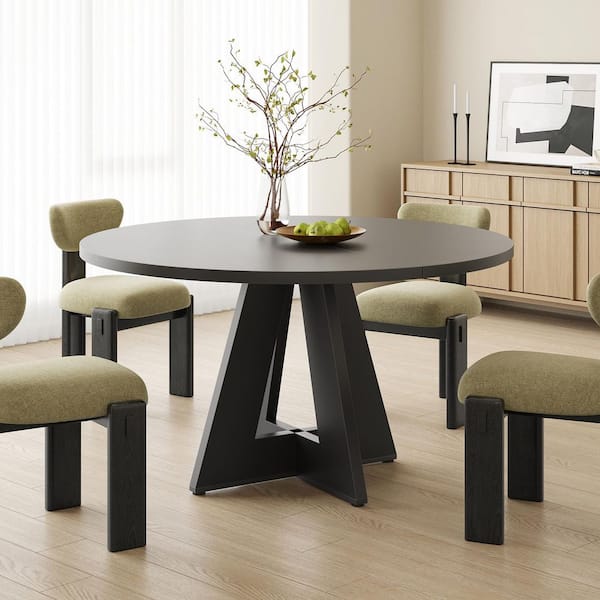 Clihome Modern Black Wood 47 in Round Dining Table with Metal Pedestal ...