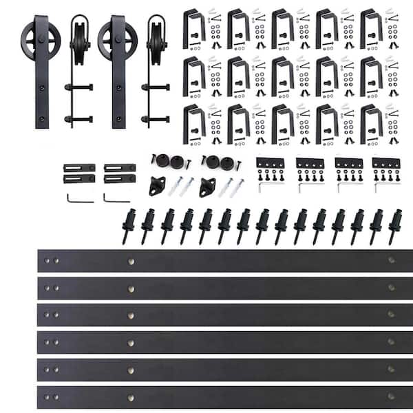 HOMACER 20 ft./240 in. Black Rustic Double Track Bypass U-Shape Sliding Barn Door Hardware Kit - Spoke Wheel Design Roller