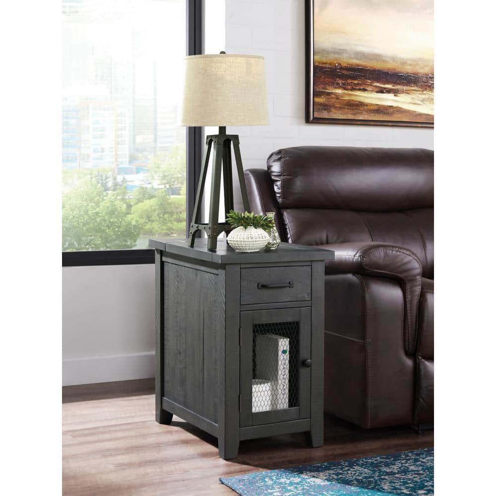 Rustic Gray Pine Chairside Table with Power Outlets and USB Ports