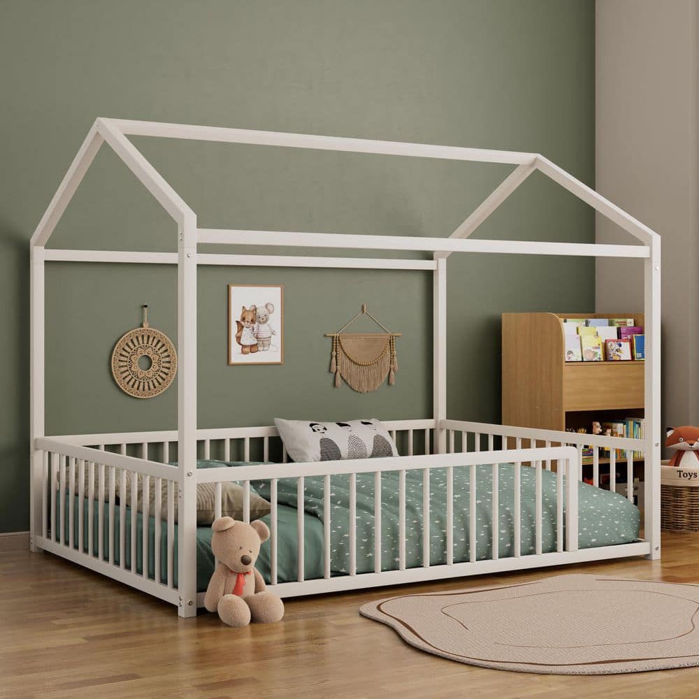 White Full Size Montessori Style Metal Floor Bed Frame with Safety Guardrails for Kids and Toddlers price history on PriceWatchPro