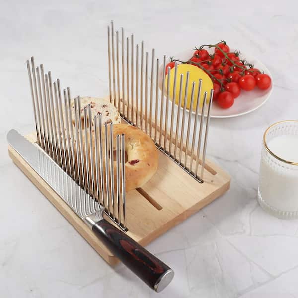 7.5 in Stainless Steel Bread Slicer with Rubber Wood Base Adjustable Bread Slicing Guide Full Tang