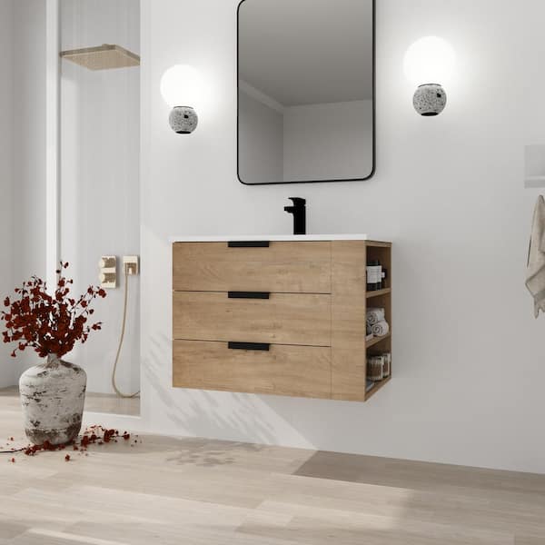 Unbranded 30 in. W x 18 in. D x 22 in. H Wall Mounted Single Sink Bath Vanity in Imitative Oak with White Resin Top