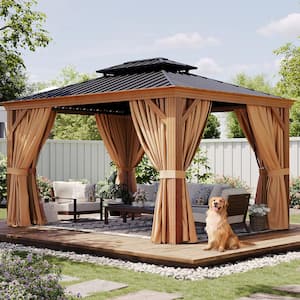 12 ft. x 10 ft. Outdoor Double Hardtop Gazebo, Wooden Finish Coated Aluminum Frame Canopy with Netting, Curtains