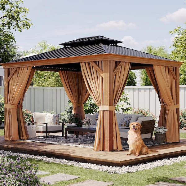 Sizzim 12 ft. x 10 ft. Outdoor Double Hardtop Gazebo, Wooden Finish Coated Aluminum Frame Canopy with Netting, Curtains