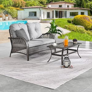 2-Piece Wicker Patio Conversation Set with Gray Cushions
