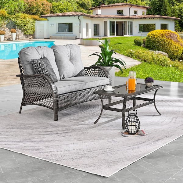 2 Piece Wicker Patio Conversation Set with Gray Cushions