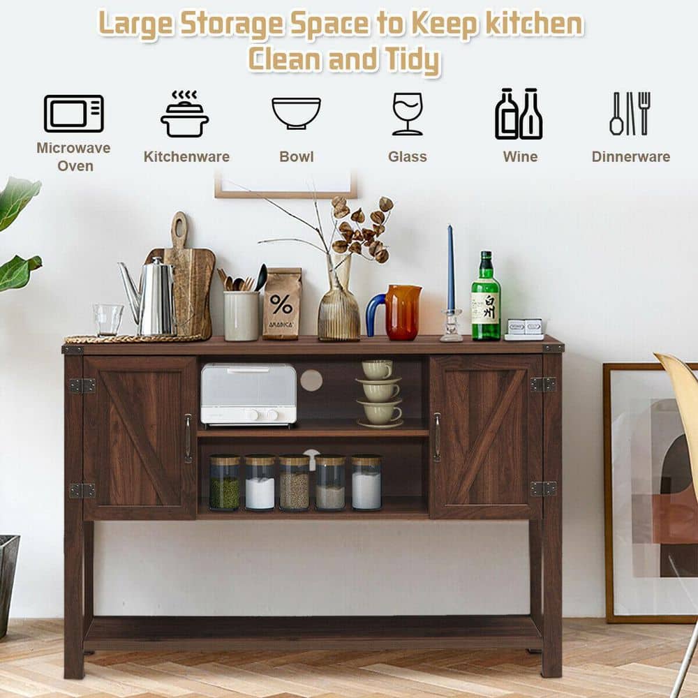 Brown Fir Wood Console Table with Cabinets and Shelves