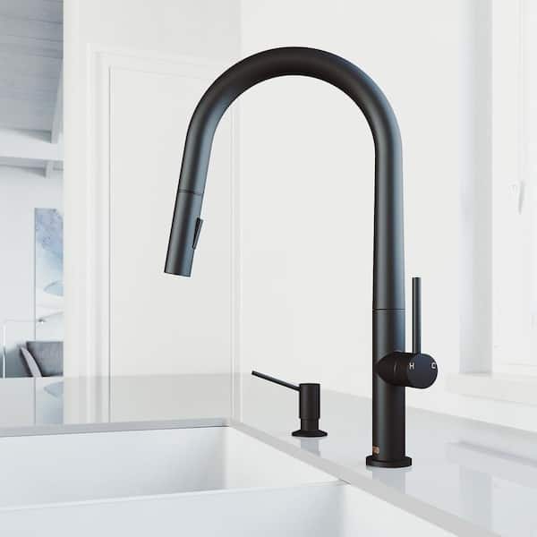 VIGO Greenwich Single Handle Pull-Down Sprayer Kitchen Faucet Set with Soap Dispenser in Matte Black