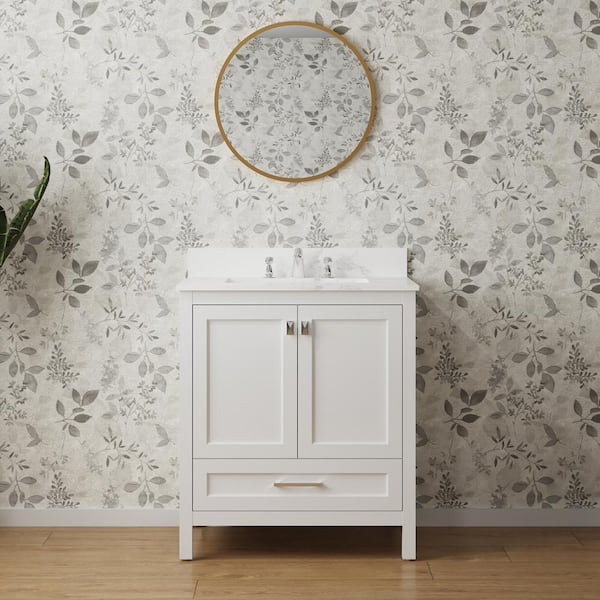 FAMYYT 30 in. W x 19 in. D x 36.6 in. H Fully Assembled Single Sink Freestanding Bath Vanity in White with White Marble Top