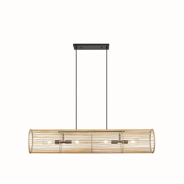 60-Watt 4-Light Black Finish Handwoven Pendant Light with Rattan Shade, No Bulbs Included