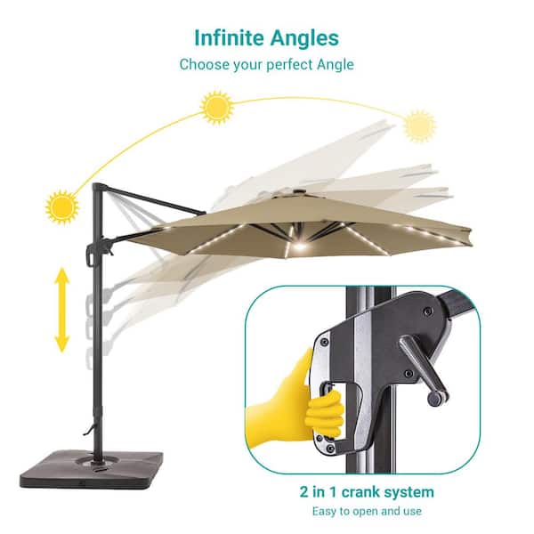 Sonkuki 11 ft. Patio Cantilever LED Offset Umbrella With a Base, Round  Canopy With Aluminum Frame and Sunbrella Fabric in Sand R-BRELA-47SD-H