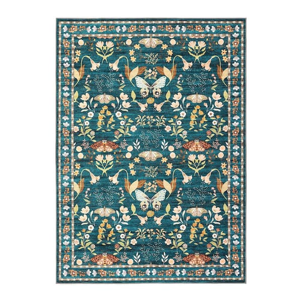 Dark Green 9 ft. X 12 ft. Butterfly Floral Washable Low Pile Non-Slip Stain Resistant, Indoor, Living Room Area Rug