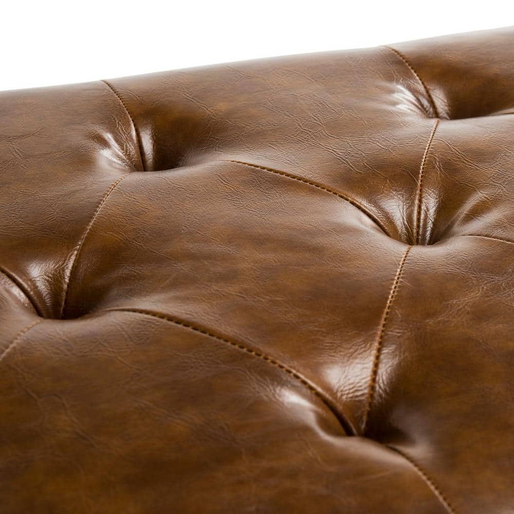 Saddle Leather and Black Beech Wood Tufted Bench