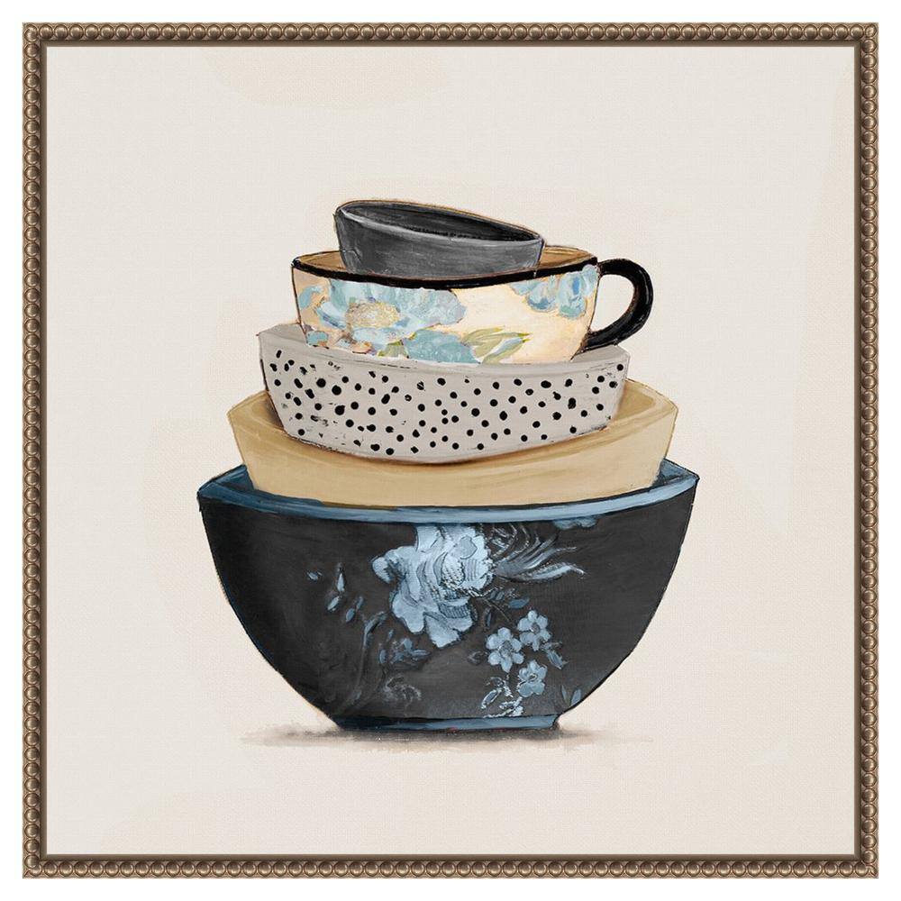 22"x22" Blue and Beige Stacked Bowls Canvas Print with Beaded Bronze Frame