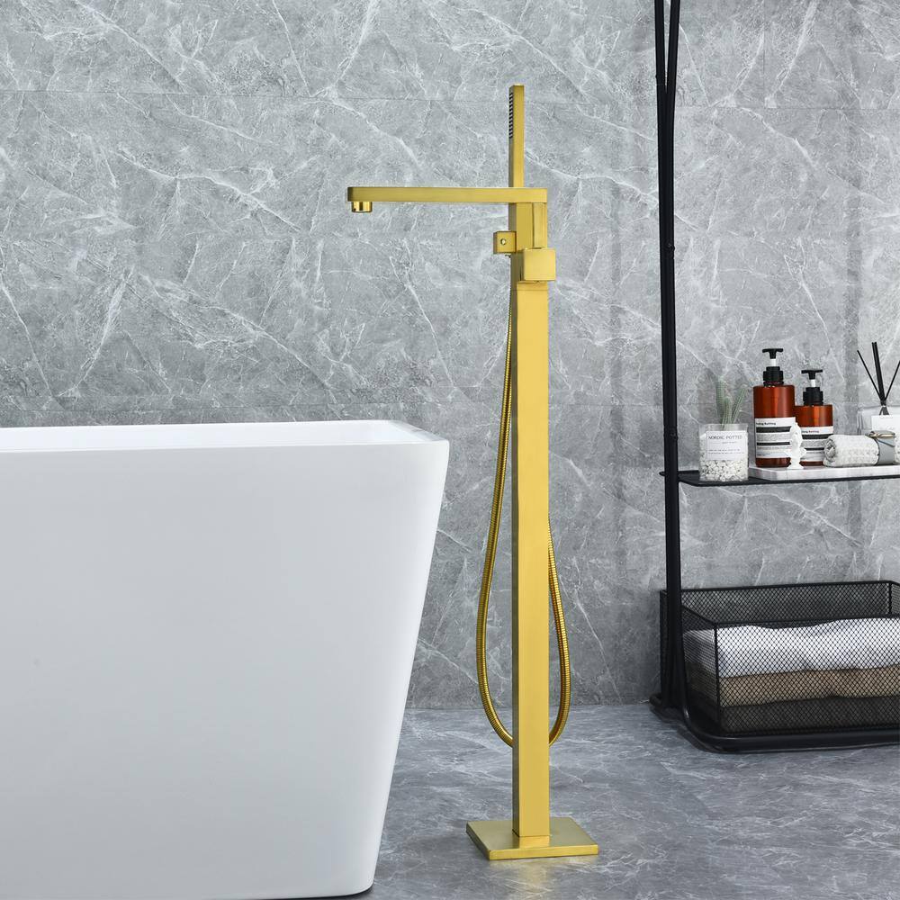 Brushed Gold Stainless Steel Freestanding Tub Filler with Handshower