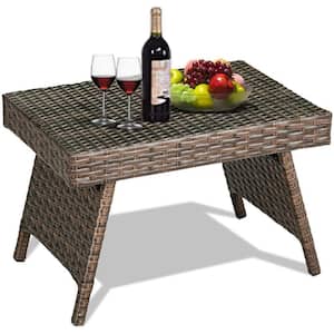 Wicker Table Patio Outdoor, Bistro Foldable Portable Standing Coffee Side Table, Coffee Color