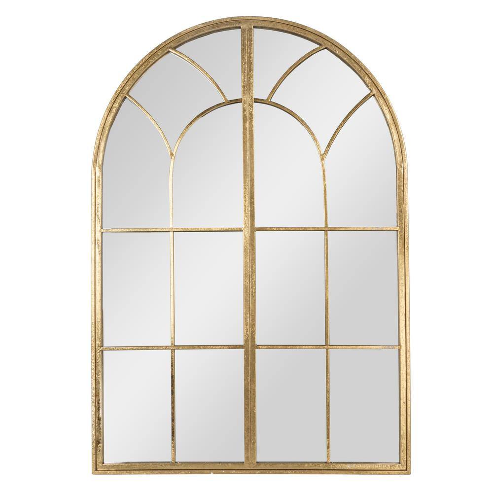Gold Arched Windowpane Wall Mirror with Wood Frame
