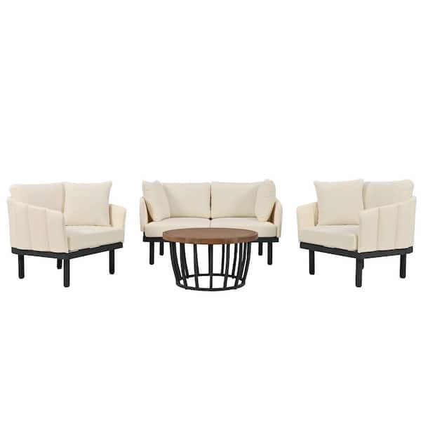 Tenleaf 4-Piece Metal Patio Conversation Set with Beige Cushions, Acacia Wood Round Coffee Table