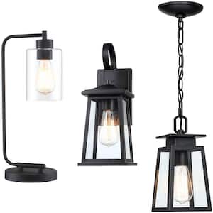 1-Light Black table Lamp and 1-Light Black Outdoor Lantern Pendant and Wall