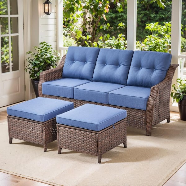 Opohoro Artisan 3-Piece Brown Wicker Outdoor 3-Seat Couch with High Curved Back and 6 in. Thick Navy Blue Cushions and Ottomans