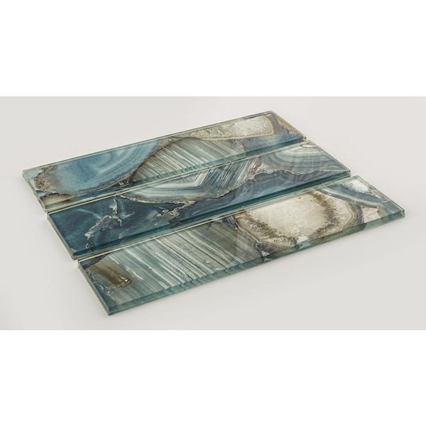 Myst Capri Brown/Blue/Gray 3 in. x 12 in. Smooth Glass Subway Wall Tile Sample
