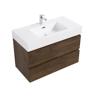 36 in. Single Sink Wall Mounted Rose Wood Bath Vanity with White Solid Surface Top Unassembled without Drain and Faucet