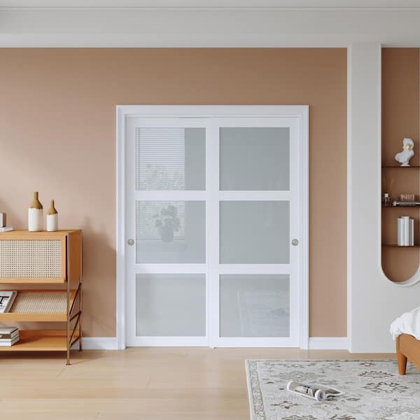 60 in. x 80 in. 3 Lites Frosted Glass Preassembled White MDF Sliding Door with Bypass Hardware Kit