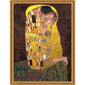 The Kiss (Full View - Luxury Line) By Gustav Klimt Muted Gold Glow Framed People Oil Painting Art Print 34 in. x 44 in.
