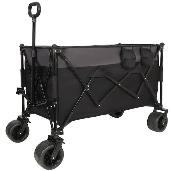 10.6 cu. ft. Black Steel and Gray Fabric Folding Utility Garden Cart-All-Terrain Wheels, Brakes and Accessory Pockets