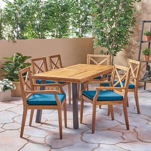 Juniper Teak Brown 7-Piece Wood Outdoor Dining Set with Blue Cushions
