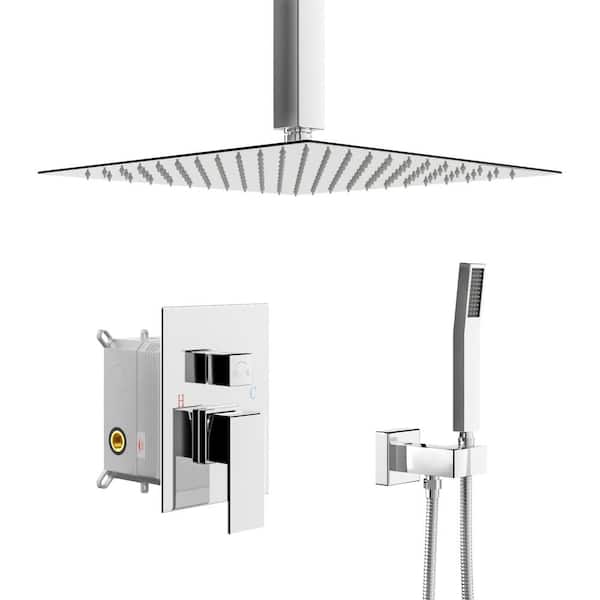 2-Spray Patterns Dual Ceiling Mount 16 in. Fixed Handheld Shower Head 1.8 GPM 360° Swivel Shower Head in Chrome