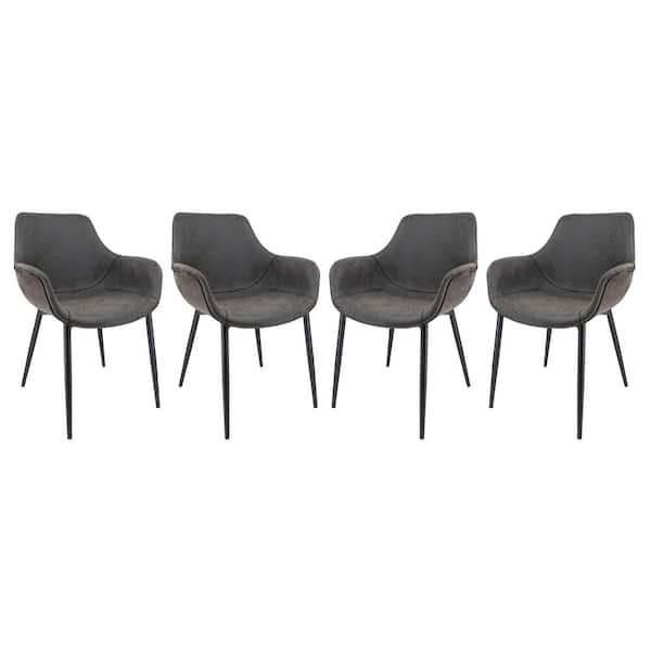 Leisuremod Markley Charcoal Black Modern Leather Dining Arm Chair with Black Metal Legs (Set of 4)