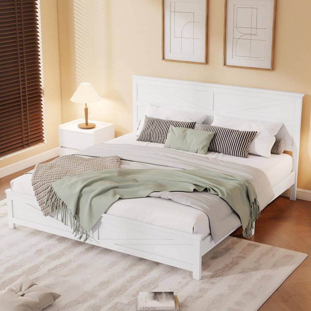 Farmhouse Style White Wood Frame King Size Platform Bed with Barn Door Designed Headboard and Footboard, Support Legs price history on PriceWatchPro