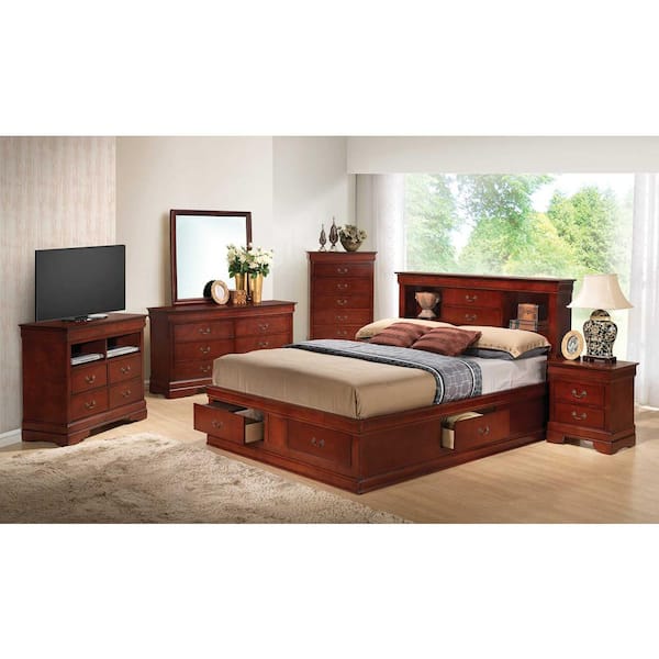 AndMakers Louis Philippe Cherry Queen Storage Platform Bed PF-G3100B-QSB -  The Home Depot