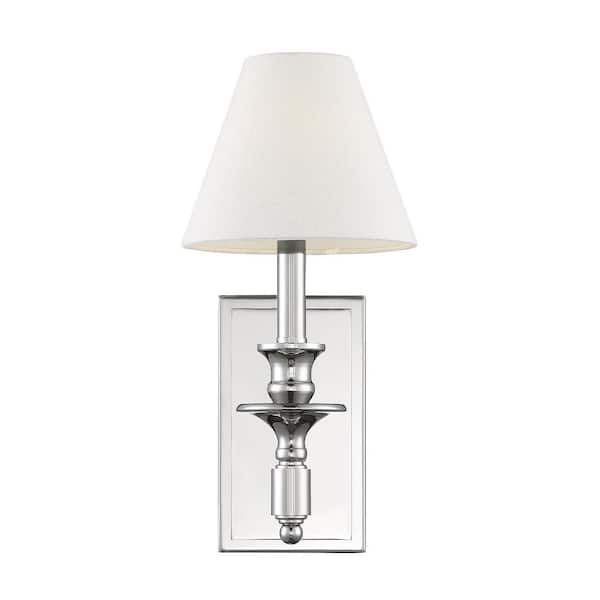Washburn 7 in. W x 15 in. H 1-Light Polished Nickel Wall Sconce with White Linen Shade