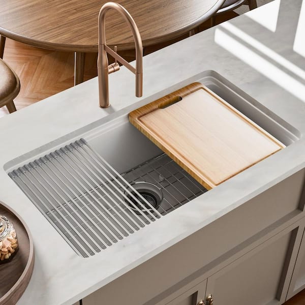 33 in. Undermount/Drop-In Kitchen Sink, Single Bowl White Fireclay Sink, With Drying Rack And Cutting Board Included