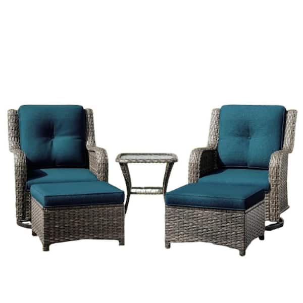 5 Pieces Rattan Outdoor Swivel Conversation Sets with Blue Cushions and Side Table