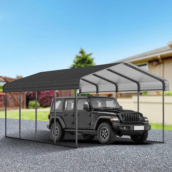 Unbranded 12 ft. x 20 ft. Metal Outdoor Heavy Duty Garage Carport with Reinforced Base and Galvanized Steel Roof Black